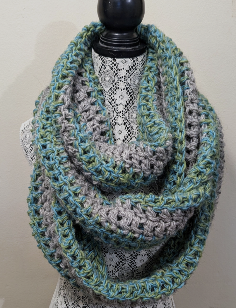 Gray Green and Blue Long Infinity Scarf